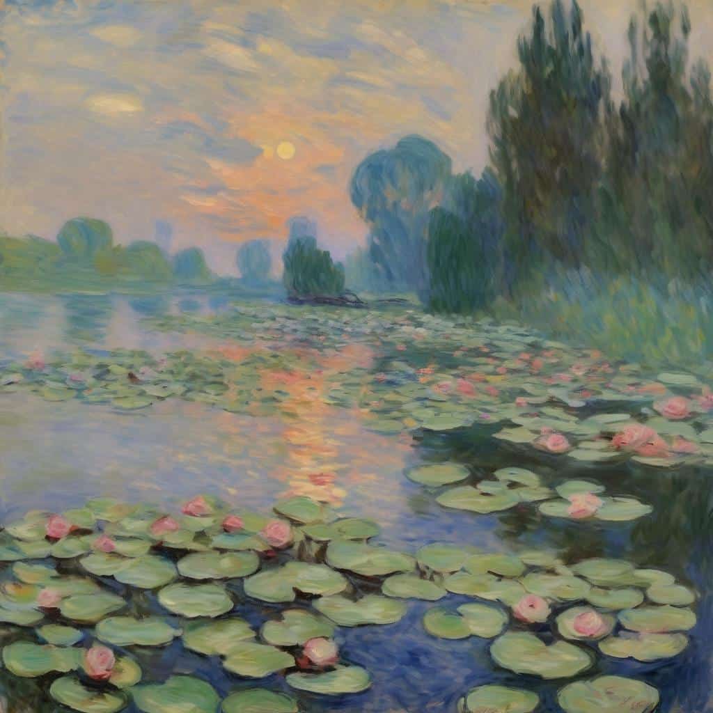 Ζωγραφική με λουλούδια και νερό σε εντυπωσιακό ιμπρεσιονιστικό στυλ, αποτυπώνοντας τη φυσική ομορφιά της φύσης.