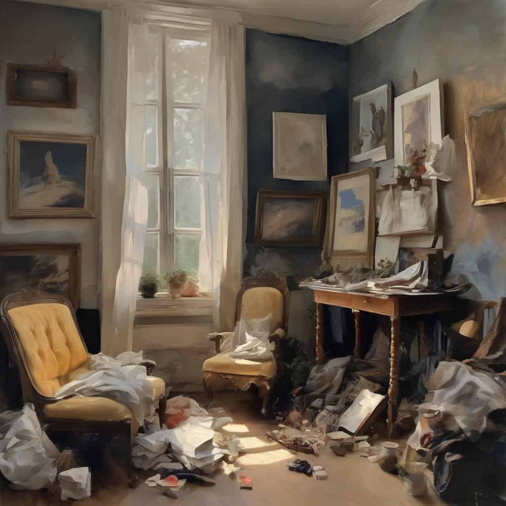 Αντικείμενο ζωγραφικών και γλυπτικών τεχνικών σε καμπίνα τέχνης με πολλά έργα και υλικά.